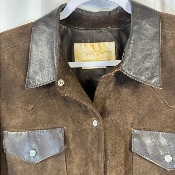 Margaret Godfrey Vintage Brown Leather Short Sleeve Button Down Shirt L - Picture 3 of 9
